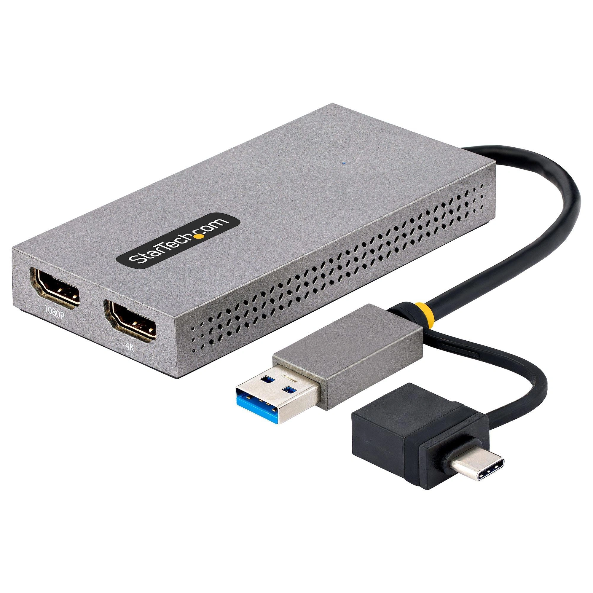 StarTech.com Adaptador de USB a HDMI Doble, USB A/C a 2 Pantallas HDMI (1x 4K30Hz, 1x 1080p), Dongle Integrado USB-A a C, Cable de 11cm, Adaptado – imagen 2