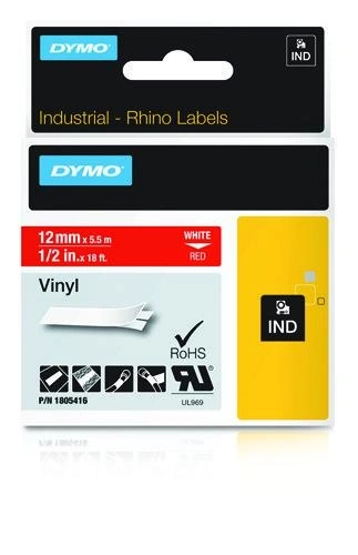 Dymo 1805416 IND Rhino cinta vinilo blanco sobre rojo 12 mm (original)