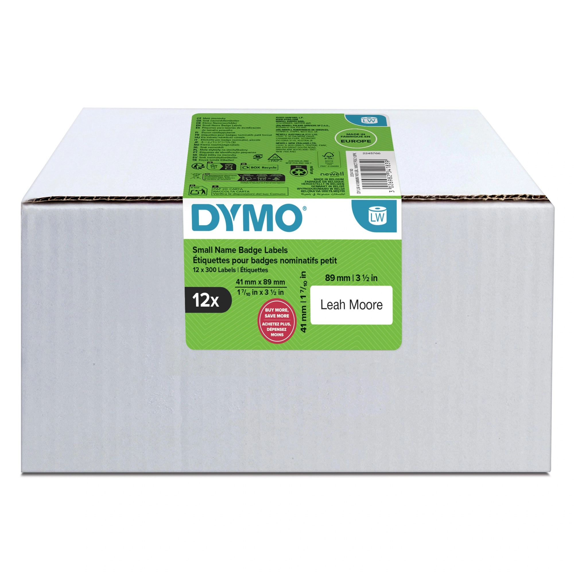 DYMO LW etiquetas auténticas de tarjeta de identificación pequeñas | 41 mm × 89 mm | 12 rollos de 300 etiquetas con reverso fácil de retirar (3.6