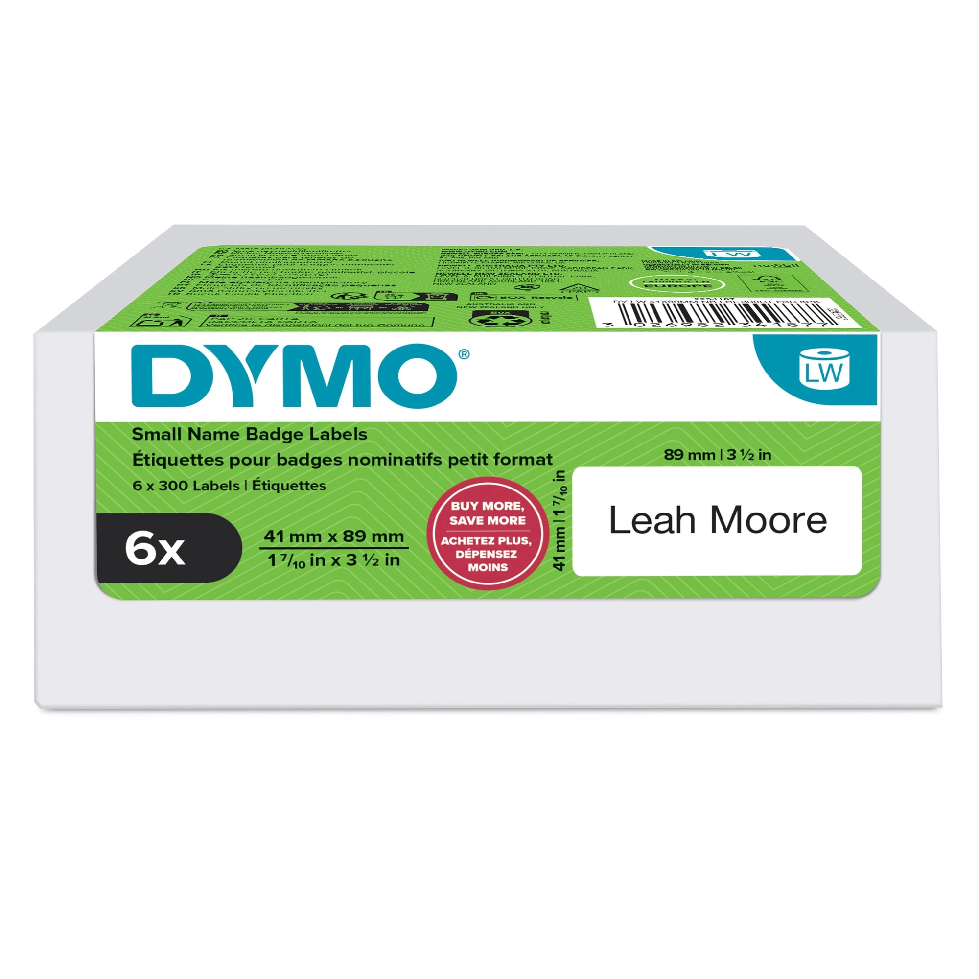 DYMO LW etiquetas auténticas de tarjeta de identificación pequeñas | 41 mm × 89 mm | 6 rollos de 300 etiquetas con reverso fácil de retirar (1.80