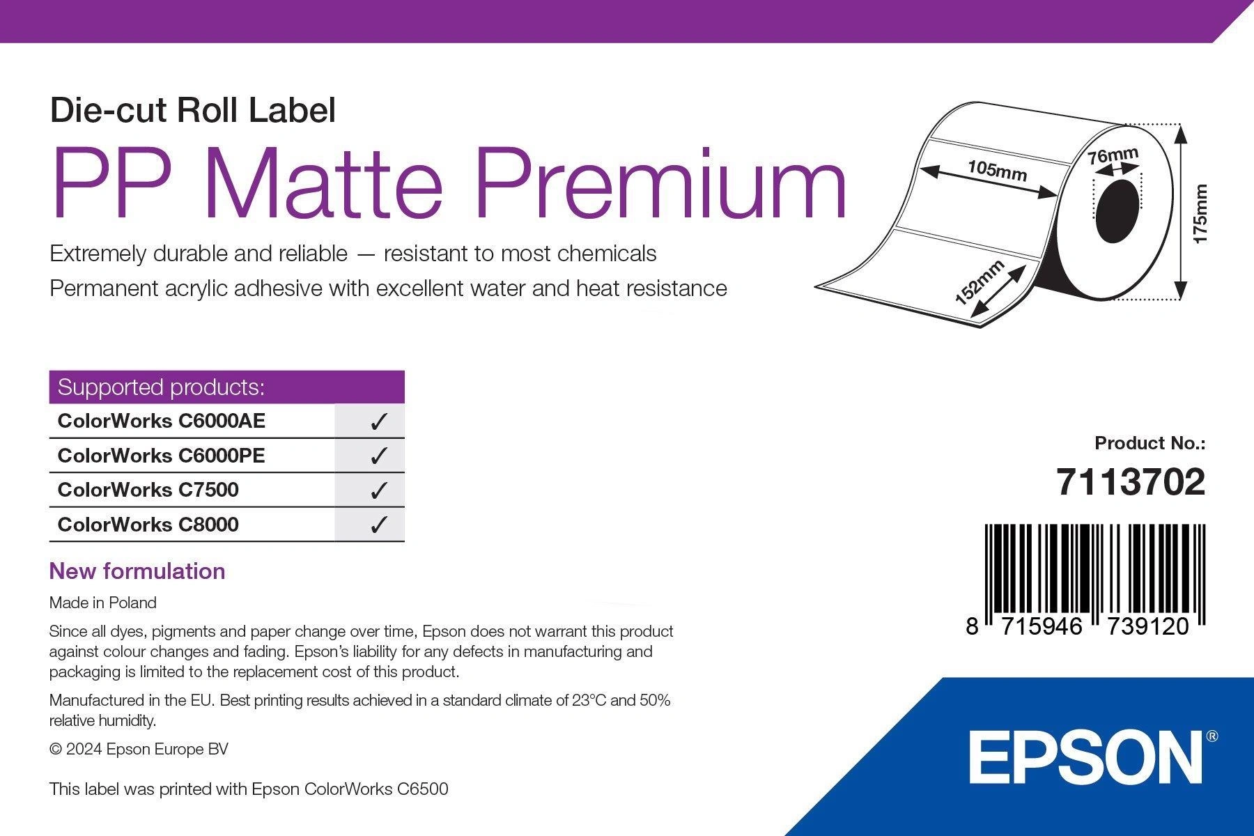 Epson 7113702 etiqueta de impresora Blanco Etiqueta para impresora autoadhesiva