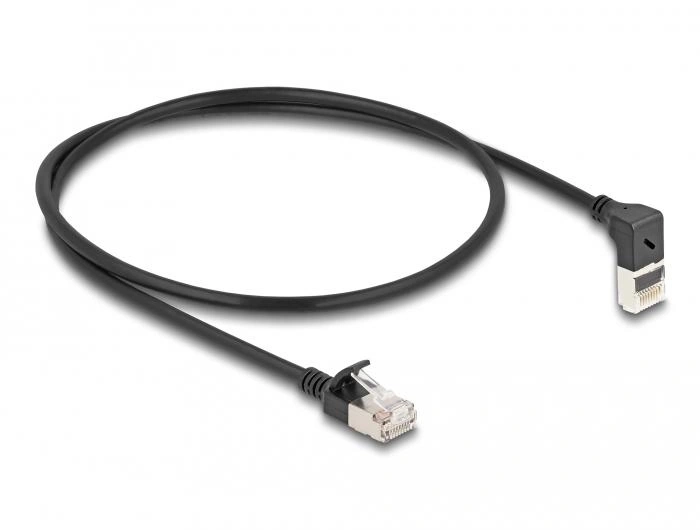 DeLOCK Cable de red RJ45 Cat.6A S/FTP Slim 90° acodado hacia arriba/recto 0,5 m negro