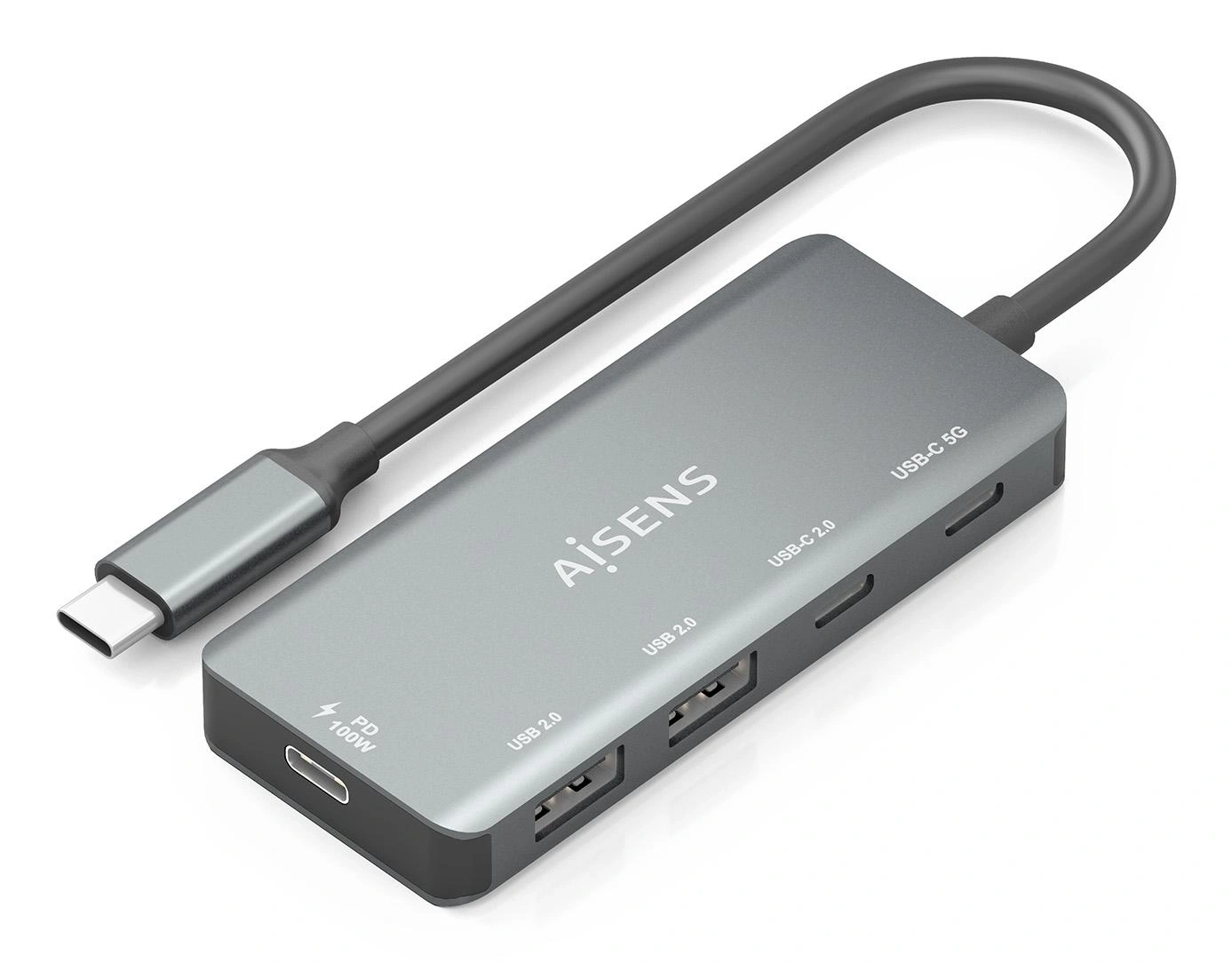AISENS Hub USB 3.1 USB-C, USB-C/M-1xUSB-C PD 100W+1xUSB-C USB3.0/H+1xUSB-C USB2.0/H+2xUSB-A USB2.0/H, Gris, 15cm