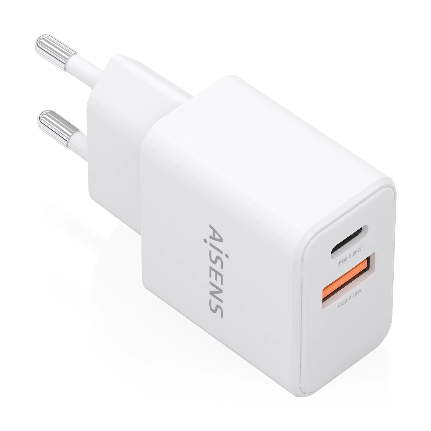 AISENS Cargador GaN 20W, 1xUSB-C PD3.0, 1xUSB-A QC3.0, Blanco