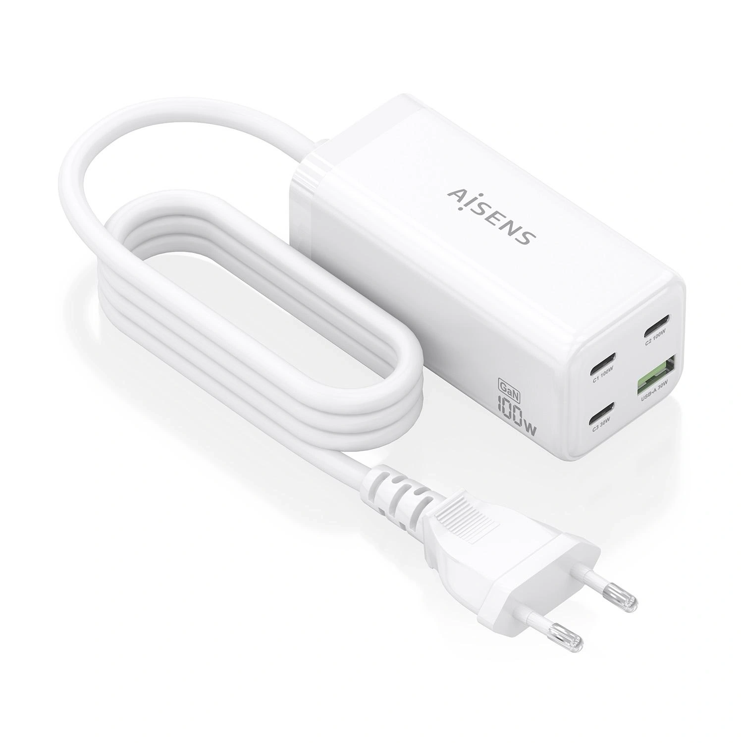AISENS Cargador Sobremesa GaN 100W, 3x USB-C PD3.0 QC4.0 QC5.0, 1x USB-A QC3.0, Blanco