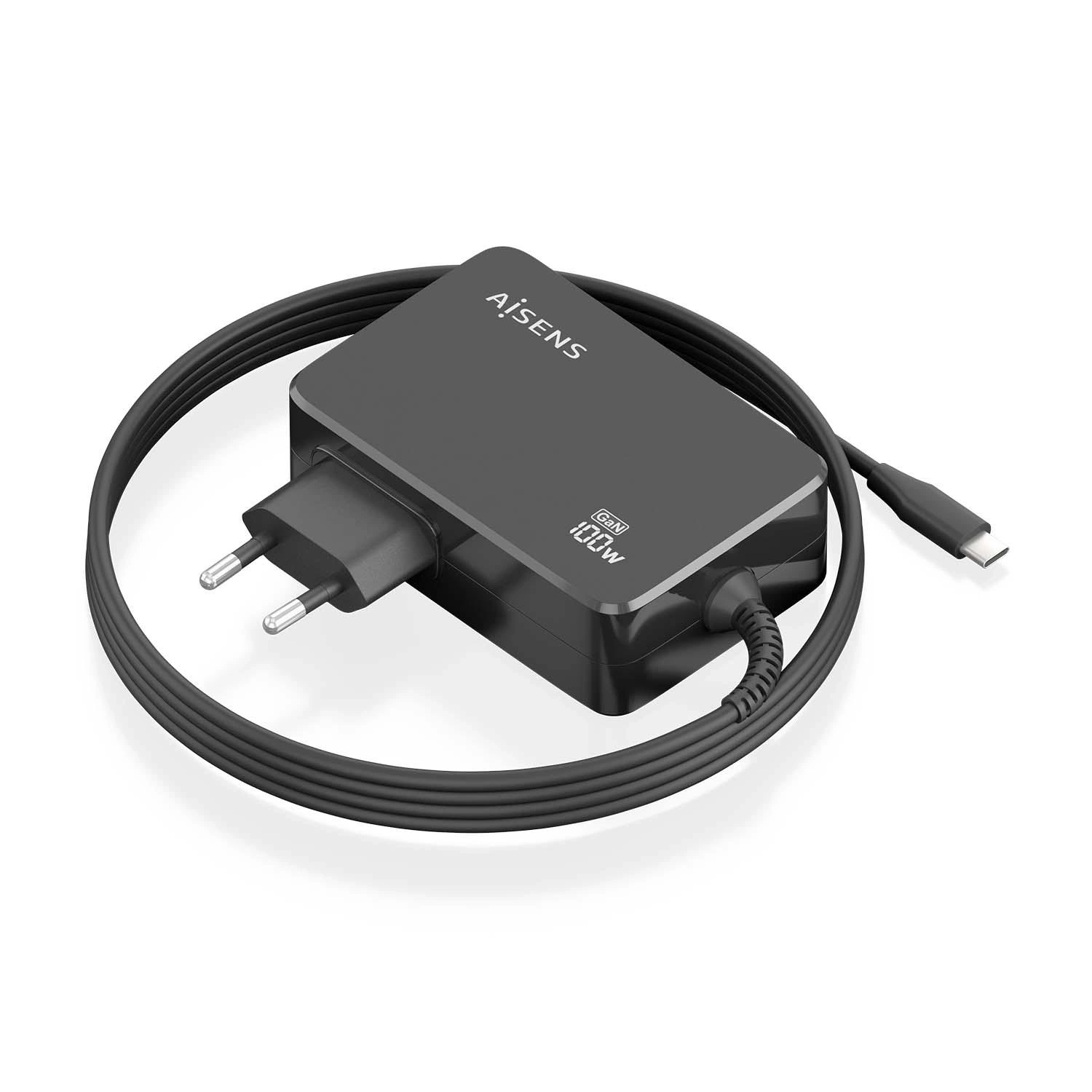 AISENS Cargador GaN 100W PD3.0 1xUSB-C 1.8m, Negro