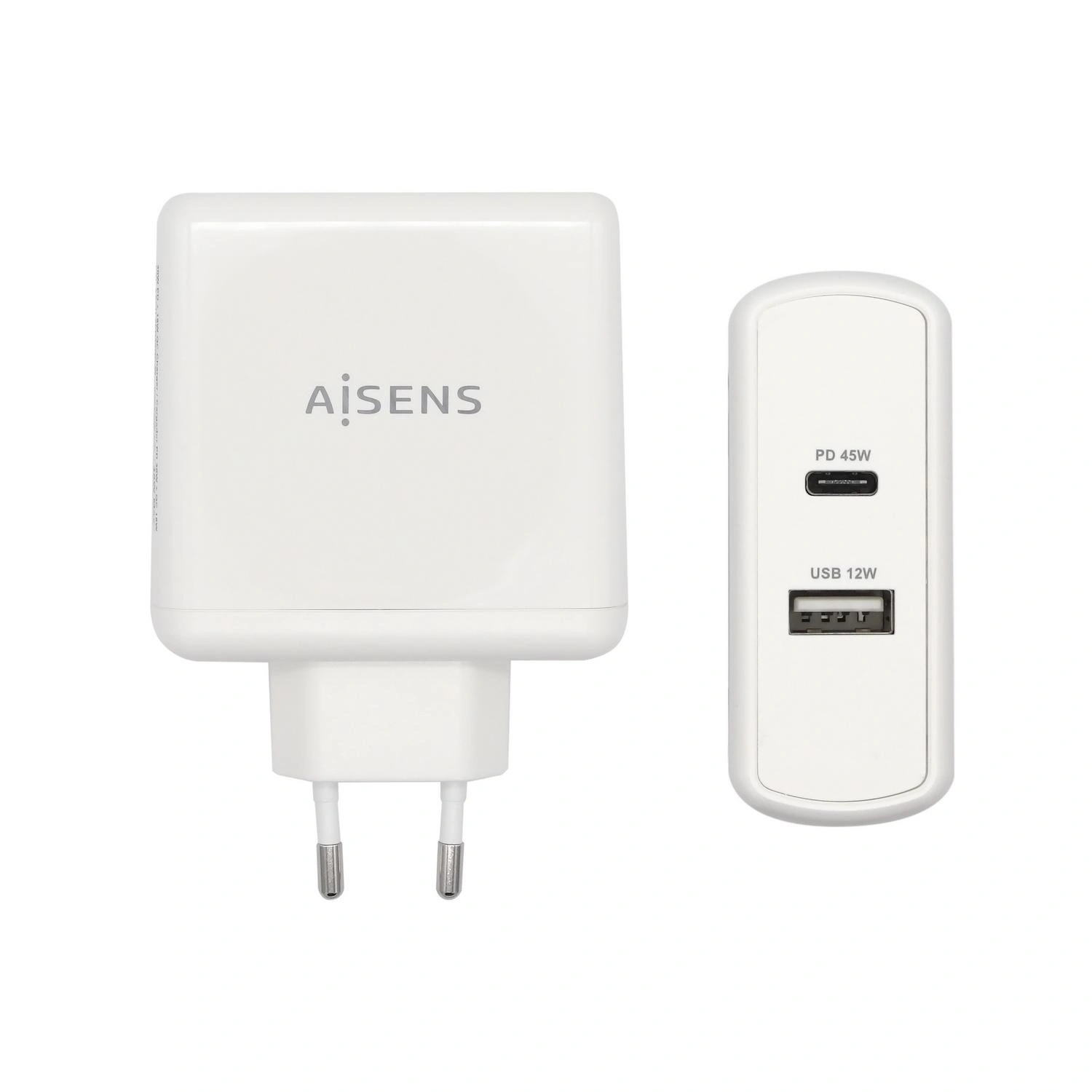 AISENS Cargador 57 W, 1x USB-C PD3.0 45 W, 1x USB-A 5 V / 2.4 A 12 W, Blanco