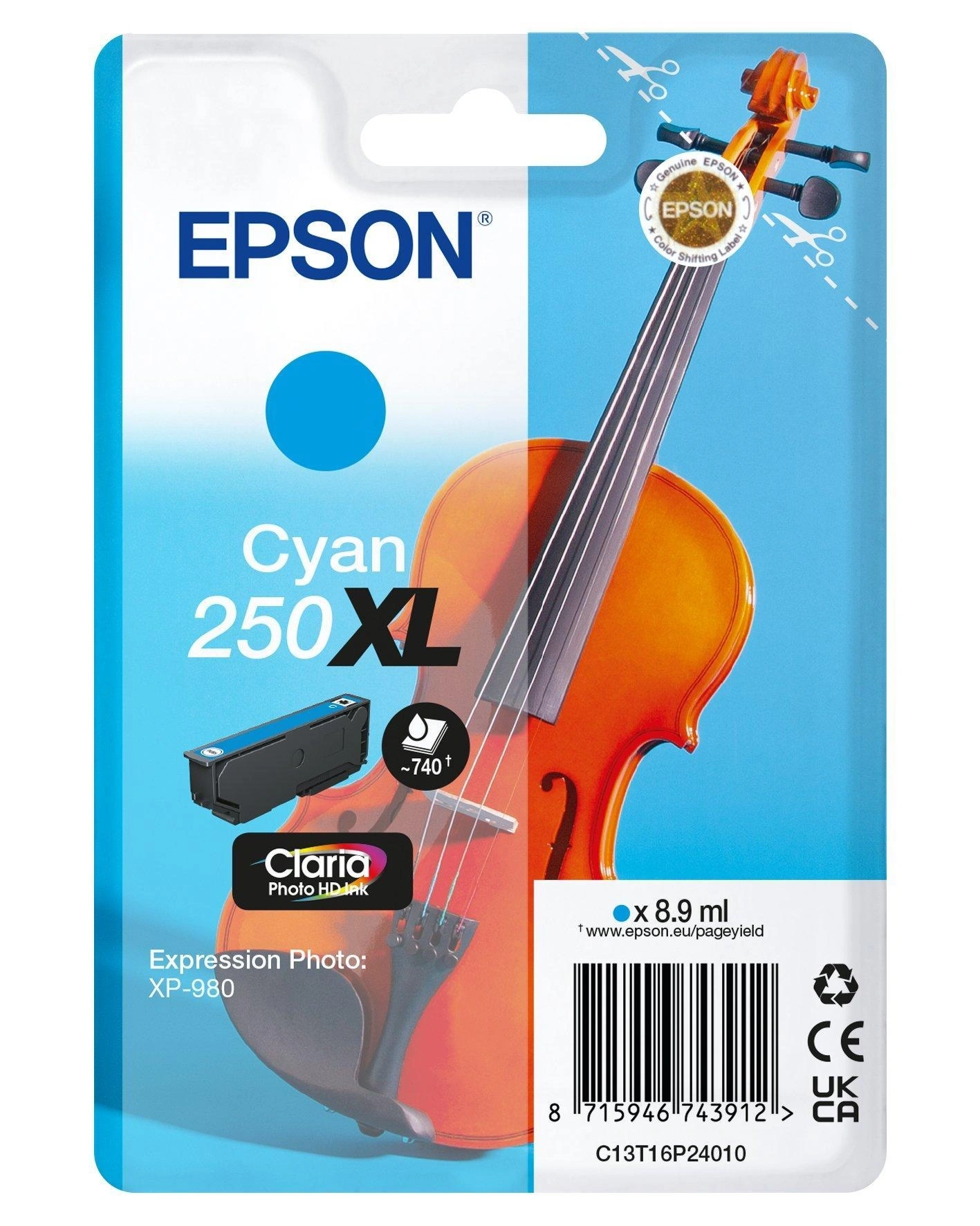 Epson 250XL Violin Claria Photo HD cartucho de tinta 1 pieza(s) Original Alto rendimiento (XL) Cian
