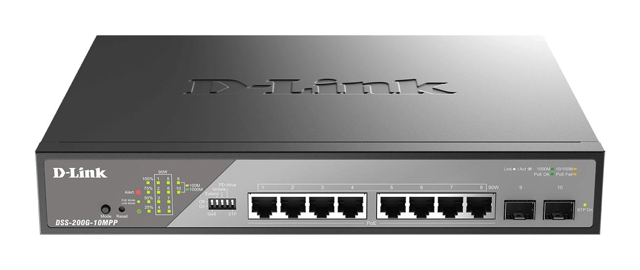 D-Link DSS-200G-10MPP switch Gestionado L2 Gigabit Ethernet (10/100/1000) Energía sobre Ethernet (PoE) 1U Negro, Gris