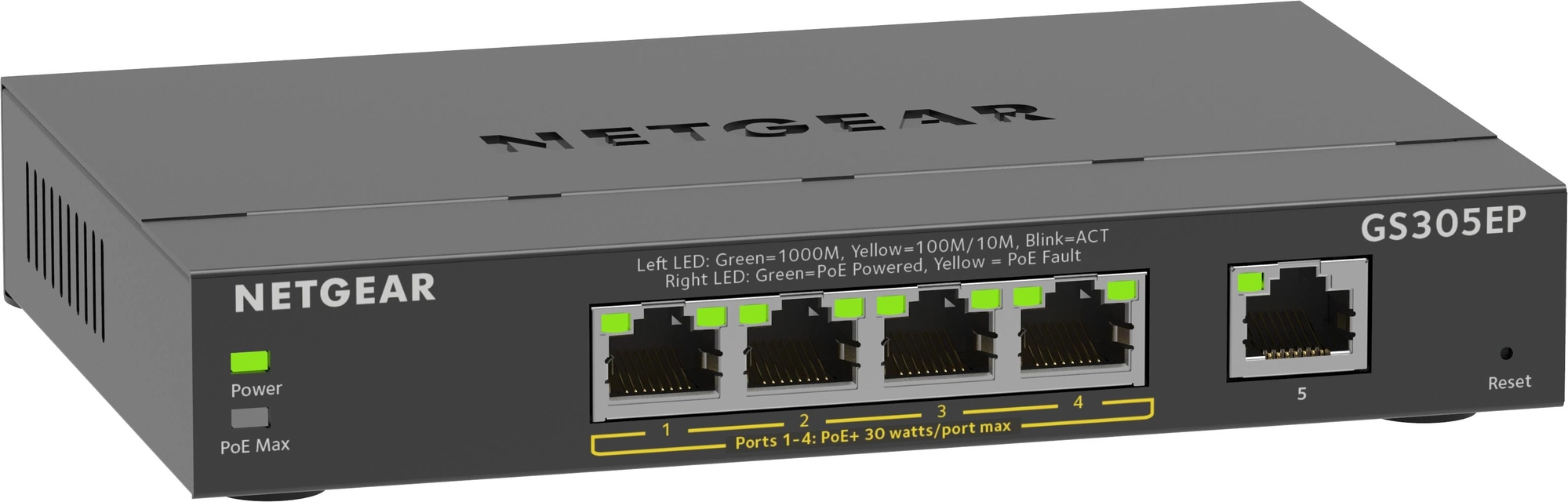 NETGEAR 5-Port Gigabit Ethernet PoE+ Plus Switch (GS305EP) Gestionado L2/L3 Gigabit Ethernet (10/100/1000) Energía sobre Ethernet (PoE) Negro