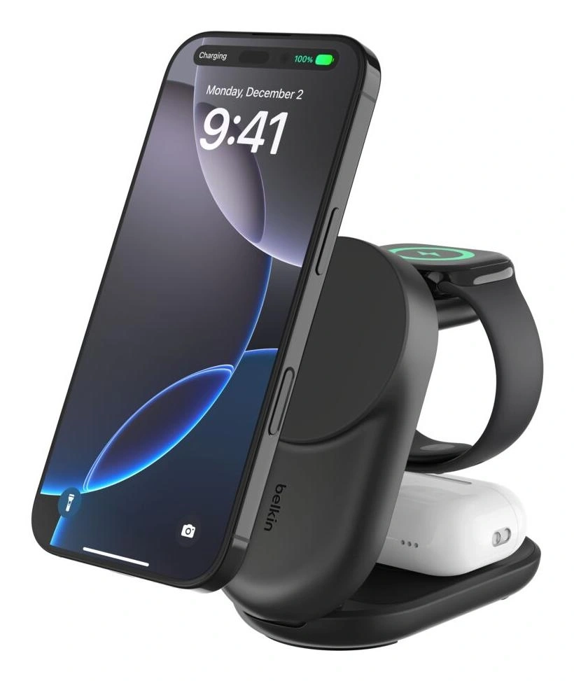 Belkin Qi2 Fitness tracker, Auriculares, Smartphone, Reloj inteligente Negro USB Cargador inalámbrico Carga rápida Interior